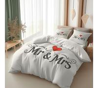 Srigzcaly Set Housse de Couette 260 x 240 cm Minimaliste Ligne Lettre Imprimé Mr & Mrs Parure de Lit 2 Personnes et 2 Taies d'oreiller 65x65 cm, 100% Microfibre Parure de Linge de Lit, Beige