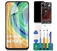 SRJTEK Écran tactile de rechange pour Huawei Nova 5T - Kit de pièces de réparation - Noir - Avec cadre