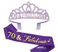 Srotmirw Couronne d'anniversaire 70 ans, 1 couronne violette avec diamant blanc et bandoulière pour femme à la fête d'anniversaire