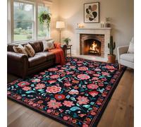 SRTJURFG Tapis Grand Salon 200x300 cm Antidérapant Moderne Doux Décoratif pour Chambre et Maison Moderne rétro Floral Noir Rose Bleu