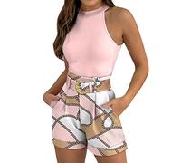 SRTUMEY Attache Frange Mode décontractée Slim Set Shorts pour Femmes Ensemble sans Manches Débardeur Costume Shorts Ensemble Deux pièces Imprimé Floral Débardeur et Short de Base Ensemble avec