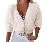 SRTUMEY Cardigan décontracté et léger pour femme avec nœud en strass, manches longues, col en V, cardigan court pour femme, blanc, Taille unique