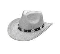 SRTUMEY Fedora Chapeau de cowboy classique pour homme et femme - Chapeau de cowgirl élégant rétro à large bord - Visière de voyage, Argenté., Taille unique