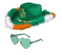 SRTUMEY Lot de 2 chapeaux de cowboy pour la Saint-Patrick - Chapeau de cowgirl vert avec lunettes décoratives - Chapeau pour femme et verre - Pour fête costumée - Pour homme - Chapeau de trèfle