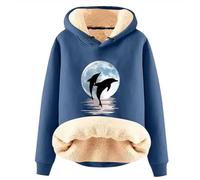 SRTUMEY Sweat à capuche d'automne pour femme à manches longues avec imprimé dauphin de dessin animé avec isolation en peluche et coupe ample pull à capuche pour femme imprimé uni, bleu, M