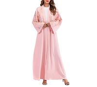 SRTUMEY YL0414 Robe longue Abaya ouverte sur le devant pour femme musulmane, robe de prière pour l'Aïd avec fleur brodée en 3D, 1_Rose, M