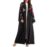 SRTUMEY YL0414 Robe longue Abaya ouverte sur le devant pour femme musulmane, robe de prière pour l'Aïd avec fleur brodée en 3D, 1_Noir, M