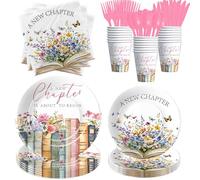Srua Don Décorations de fête prénuptiale sur le thème du livre, bibliothèque rose, thème de lecture, livre d'histoire, fournitures de fête prénuptiale, assiettes en carton jetables, tasse, serviette