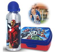 SRV Hub® Boîte à déjeuner en plastique + bouteille d’eau en aluminium pour enfants - Motif de personnage de dessin animé - 16 cm ; 400 ml (Avengers)