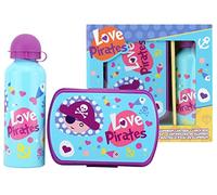 SRV Hub® Boîte à déjeuner en plastique + bouteille d’eau en aluminium pour enfants - Motif de personnage de dessin animé - 18 cm (Love Pirates)
