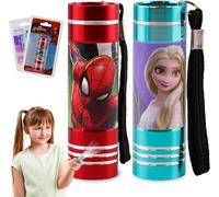 SRV Hub Lot de 2 torches de Noël pour enfants, La Reine des Neiges et Spiderman, super lumineuses LED en aluminium, veilleuses avec cordon pour voyage, lampes de poche de Noël pour enfants de 3 ans et