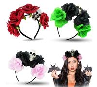 SRV Hub Lot de 3 bandeaux à paillettes en forme de crâne en sucre - Jour des morts - Couronne de fleurs Dia de los Muertos - Squelette de rose - Accessoires de costume pour femmes et filles - Pour