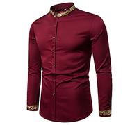 SSBZYES Chemises pour Hommes à Col Montant De Couleur Unie Manches Longues Brodées La Mode Motif Broderie Henley Tops Décontractés, L, Red Wine