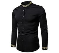 SSBZYES Chemises pour Hommes à Col Montant De Couleur Unie Manches Longues Brodées La Mode Motif Broderie Henley Tops Décontractés, Noir, L