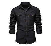 SSBZYES Chemises pour Hommes Chemises à Manches Longues pour Hommes Printemps Slim Fit Cardigan Chemises en Jean Couleur Unie Revers Tops Hauts pour Hommes Chemises pour Hommes, Noir, XL