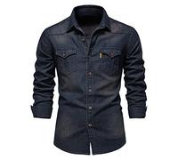 SSBZYES Chemises pour Hommes Chemises à Manches Longues pour Hommes Printemps Slim Fit Cardigan Chemises en Jean Couleur Unie Revers Tops Hauts pour Hommes Chemises pour Hommes, Navy Blue, XXL