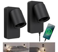 SSC-LUXon NERU Lot de 2 appliques murales scandi pivotantes noires - Lampe de lecture pour chambre à coucher avec connexion USB, interrupteur, douille GU10