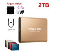 SSD 2T Disque Dur Externe Portable HDD Or avec OTG Adaptateur Type-C USB + Pochette de Stockage en Tissu