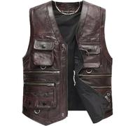SSDDLZEQ Gilet en Cuir Multi-Poches Guide Photo de pêche en Plein air Gilet en Cuir Gilet de randonnée en Plein air décontracté(Dark Brown,5XL)