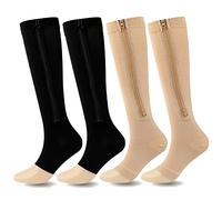 SSDH 4 Paires Chaussettes de Contention pour Femmes et Homme Avec fermeture éclair 15-20 mmHg, Bas de Contention, Chaussette de Compression pour les varices, le sport(XXL, Noir Beige)