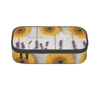 SSGVLPTO Organiseur de papeterie avec imprimé tournesols sur bois, double fermeture éclair, grande trousse à crayons portable, Noir , Taille unique, Motif floral
