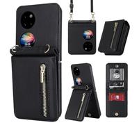 SsHhUu Coque pour Huawei P50 Pocket,Premium en Cuir,avec Sangle réglable,Étui avec 5 Porte-Cartes et Fermeture éclair Portefeuille Pliable pour Huawei P50 Pocket,Noir