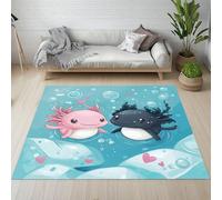 Sshjfeu Axolotl de Dessin Animé Tapis Salon 80 x 150cm, Eau du Lac Bleu Tapis Doux Poils Courts Antidérapant Lavable pour Chambre Décoration Intérieur Garçons Filles Adolescents