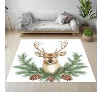 Sshjfeu Cerf Dessin Animé Tapis Salon 80 x 150cm, Baies de Houx Feuilles Vertes Tapis Doux Poils Courts Antidérapant Lavable pour Chambre Décoration Intérieur Garçons Filles Adolescents