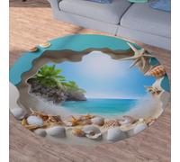Sshjfeu Coquillage Étoile de Mer Petit Tapis de Sol, Océan Plage Marine Été Tapis Salon Rond à Poils Courts 60 cm, Chambre Enfant, Descente de Lit Chambre Adulte, Antidérapant Lavable
