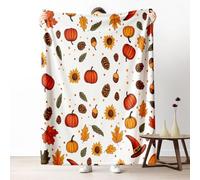 Sshjfeu Couverture 180x220 cm Citrouille Baies de Houx Récolte, Jeté de Canapé, Plaid Automne Feuille d'Érable, Plaid Canapé Grande Taille, Couverture Polaire Flanelle Moelleuse, pour Enfant Ado