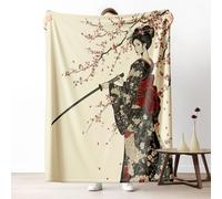 Sshjfeu Couverture 180x220 Style Japonais Fleurs de Cerisier, Plaid Geisha Kimono Épée Jeté de Canapé, Plaid Canapé Grande Taille, Couverture Polaire Flanelle Moelleuse, pour Cadeau Femme