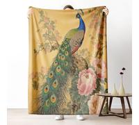 Sshjfeu Couverture été Paon Rétro Oiseaux Oriental, Petit Plaid Pivoine Floral Chinois, Couverture 130x150 cm 1 Personne, Plaid Polaire Flanelle Douce et Chaude, pour Jeté de Canapé et Lit