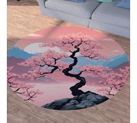 Sshjfeu Fleurs de Cerisier Montagne Soleil Petit Tapis de Sol, Style Japonais Tapis Salon Rond à Poils Courts 80 cm, Chambre Enfant, Descente de Lit Chambre Adulte, Antidérapant Lavable