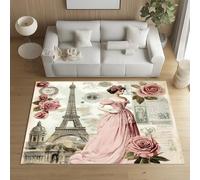 Sshjfeu Grand Tapis Tour Eiffel Paris Bâtiment Salon 160x230, Femme Rose Romantique Rétro Tapis Antidérapant, À Poils Courts, Doux, Lavable en Machine, Décoration Intérieur, pour Chambre