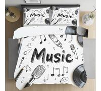 Sshjfeu Housse de Couette 220x240 Thème Musical Moderne, Parure de Lit Note Musicale Microphone Records 2 Personnes en Microfibre avec Fermeture Éclair Réversible, 2 Taies d'oreiller 65x65 cm