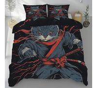 Sshjfeu Housse de Couette Chat de Dessin Animé Samouraï 160x200 avec 2 Taies d'oreiller 65x65 cm, Parure de Lit Style Japonais Réversible, Microfibre 2 Personnes avec Fermeture Éclair