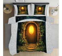 Sshjfeu Housse de Couette Fantaisie Magical Forêt Cottage 160x200 avec 2 Taies d'oreiller 65x65 cm, Parure de Lit Mur de Briques Réversible, Microfibre 2 Personnes avec Fermeture Éclair