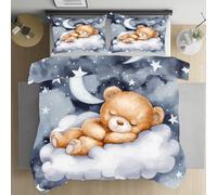 Sshjfeu Housse de Couette Ours Dessin Animé 160x200 avec 2 Taies d'oreiller 65x65 cm, Parure de Lit Nuage Étoiles Lune Mignon Réversible, Microfibre 2 Personnes avec Fermeture Éclair