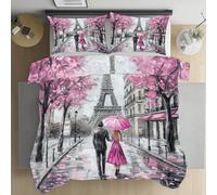 Sshjfeu Housse de Couette Paris Tour Eiffel Couple Urbain 160x200 avec 2 Taies d'oreiller 65x65 cm, Parure de Lit Peinture a l'huile Réversible, Microfibre 2 Personnes avec Fermeture Éclair