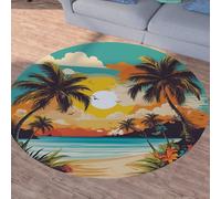 Sshjfeu Océan Paysage Marin Côtier Hawaii Petit Tapis de Sol, Été Cocotier Tropicales Tapis Salon Rond à Poils Courts 100 cm, Chambre Enfant, Descente de Lit Chambre Adulte, Antidérapant Lavable