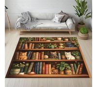 Sshjfeu Paillasson Interieur Entree 50 x 80 cm, Tapis Étagères De Livres Chat Mignon Lavable Antidérapant, Tapis Livres Plantes en Pot À Poils Court, Doux, pour l'entrée, la Porte d'entrée
