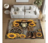 Sshjfeu Paillasson Interieur Entree 50 x 80 cm, Tapis Western Cowboy Ferme Crâne de Taureau Lavable Antidérapant, Tapis Tournesol Rustique À Poils Court, Doux, pour l'entrée, la Porte d'entrée