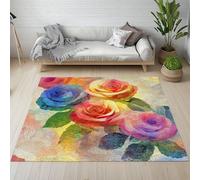 Sshjfeu Paillasson Interieur Entree 60 x 90 cm, Tapis Rose Aquarelle Multicolore Lavable Antidérapant, Tapis Fleurs Romantique Motif Floral À Poils Court, Doux, pour l'entrée, la Porte d'entrée
