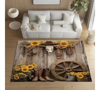 Sshjfeu Paillasson Interieur Entree 60 x 90 cm, Tapis Rustique Western Ferme Rural Lavable Antidérapant, Tapis Crâne de Taureau Tournesol À Poils Court, Doux, pour l'entrée, la Porte d'entrée