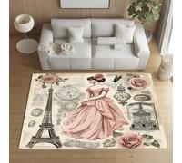 Sshjfeu Paillasson Interieur Entree 80 x 120 cm, Tapis Rétro Nostalgique Tour Eiffel Lavable Antidérapant, Tapis Femme Rose Horloge À Poils Court, Doux, pour l'entrée, la Porte d'entrée
