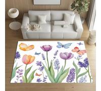 Sshjfeu Paillasson Interieur Entree 80 x 120 cm, Tapis Tulipe Lavande Papillon Lavable Antidérapant, Tapis Fleurs Printemps Floral À Poils Court, Doux, pour l'entrée, la Porte d'entrée