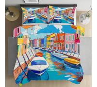 Sshjfeu Parure de Lit Italie Venise Ville Paysage Urbain, Ensemble de Literie 200x200cm et Taie d'oreiller, Peinture a l'huile Housse de Couette 1 Personne Microfibre, avec Fermeture Éclair