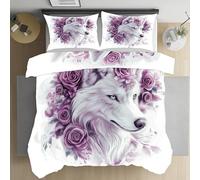 Sshjfeu Parure de Lit Loup Animaux Sauvage pour Enfant, Housse de Couette Réversible 90x190 Rose Floral Fleurs Romantique 1 Personne avec 2 Taie d'oreiller 65x65 cm, Ensemble de Literie Doux