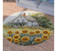 Sshjfeu Rural Tournesol Floral Cottage Tapis Rond 200cm, Tapis Ferme Country Pastoral, Chambre Enfant, Salon Cuisine, Descente de Lit Chambre Adulte, Doux, à Poils Courts, Antidérapant