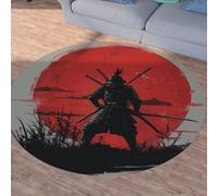 Sshjfeu Samouraï Japonais Guerrier Petit Tapis de Sol, Soleil Rouge Style Japonais Tapis Salon Rond à Poils Courts 100 cm, Chambre Enfant, Descente de Lit Chambre Adulte, Antidérapant Lavable